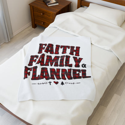 Faith, Family & Flannel Velveteen Plush Blanket | Cozy Christian Fall & Holiday Throw (3 Sizes)
