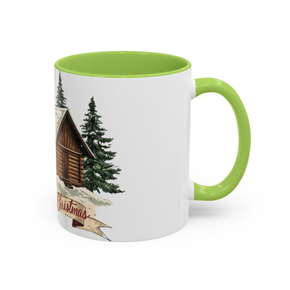 Cozy Cabin Christmas Accent Mug | Rustic Holiday Log Cabin Coffee Cup (11oz & 15oz | 8 Color Options for 11oz, 5 for 15oz)