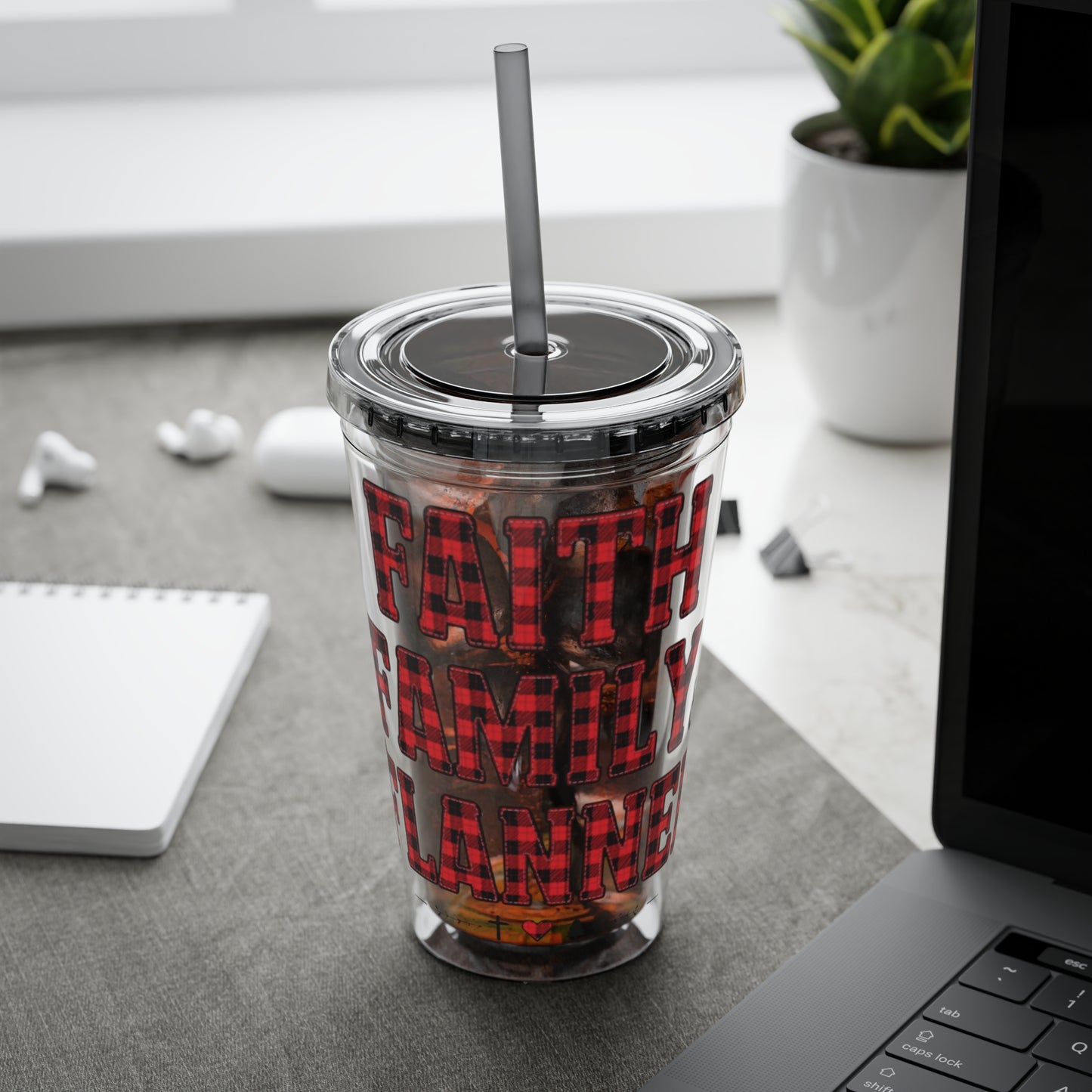 Faith, Family & Flannel Acrylic Tumbler with Straw | Christian Buffalo Plaid Cup (9 Color Options)
