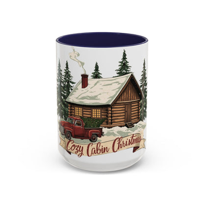 Cozy Cabin Christmas Accent Mug | Rustic Holiday Log Cabin Coffee Cup (11oz & 15oz | 8 Color Options for 11oz, 5 for 15oz)