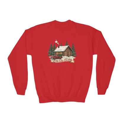 Cozy Cabin Christmas Youth Crewneck | Kids Holiday Sweatshirt | Vintage Cabin & Red Truck Christmas Sweater (10 Colors)