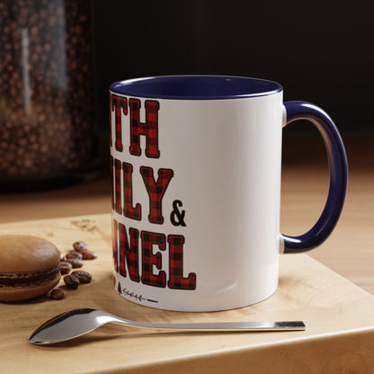 Faith, Family & Flannel Accent Mug | 11oz & 15oz Christian Coffee Cup (Multiple Colors)