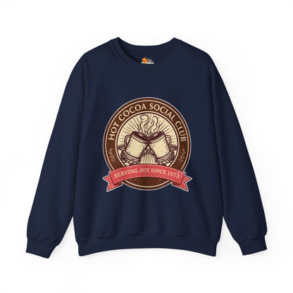 Hot Cocoa Social Club Crewneck Sweatshirt | Vintage Holiday Pullover | Cozy Winter “Serving Joy Since 1973” Sweatshirt