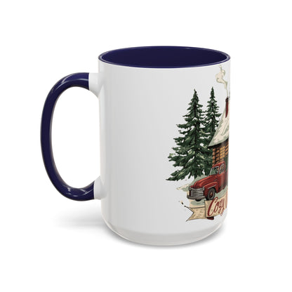Cozy Cabin Christmas Accent Mug | Rustic Holiday Log Cabin Coffee Cup (11oz & 15oz | 8 Color Options for 11oz, 5 for 15oz)