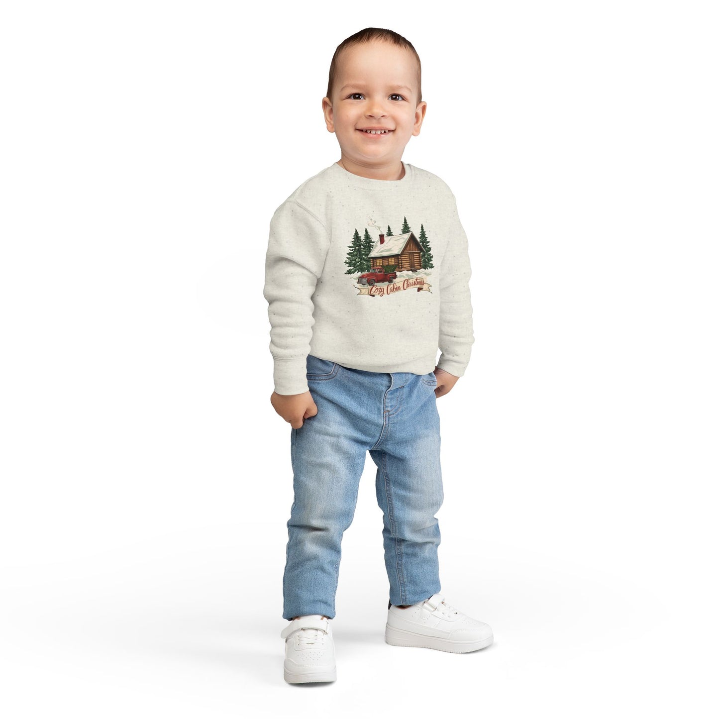 Cozy Cabin Christmas Toddler Crewneck | Kids Holiday Sweatshirt | Vintage Red Truck & Cabin Christmas Sweater (8 Colors)