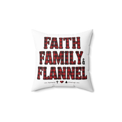 Faith, Family & Flannel Square Throw Pillow | Rustic Plaid Farmhouse Décor (4 Sizes)