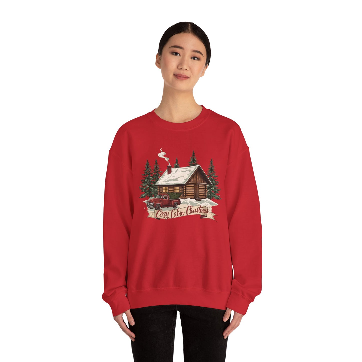 Cozy Cabin Christmas Crewneck Sweatshirt | Rustic Red Truck Holiday Sweater (9 Color Options)
