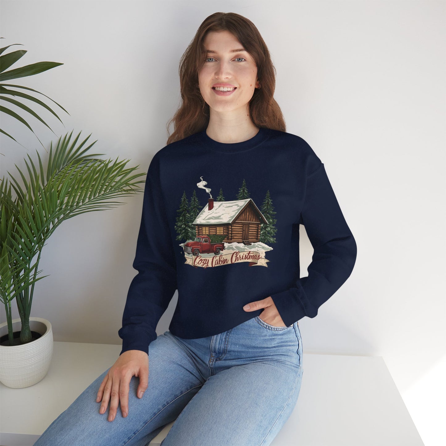 Cozy Cabin Christmas Crewneck Sweatshirt | Rustic Red Truck Holiday Sweater (9 Color Options)