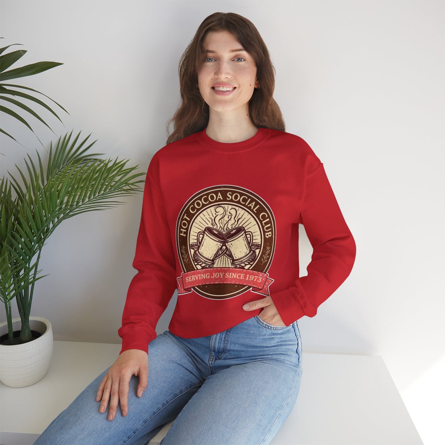 Hot Cocoa Social Club Crewneck Sweatshirt | Vintage Holiday Pullover | Cozy Winter “Serving Joy Since 1973” Sweatshirt