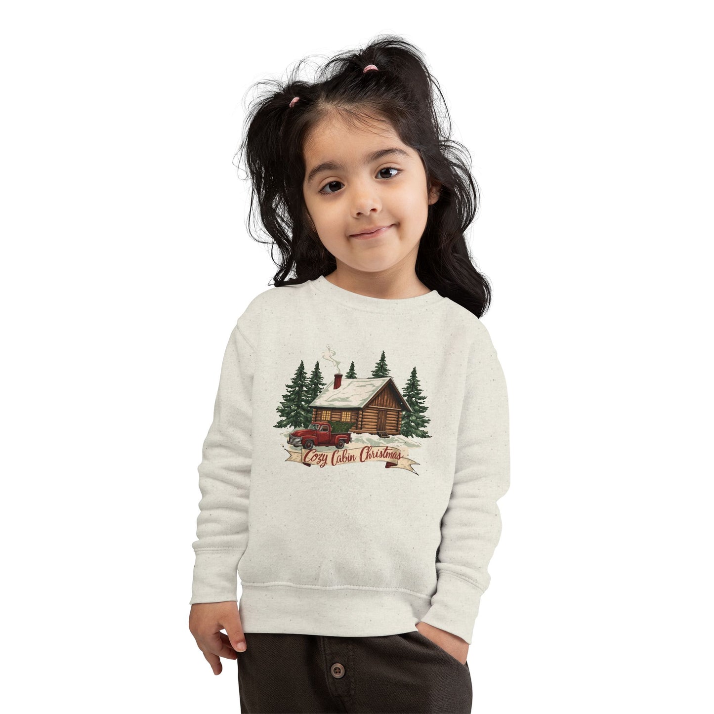 Cozy Cabin Christmas Toddler Crewneck | Kids Holiday Sweatshirt | Vintage Red Truck & Cabin Christmas Sweater (8 Colors)