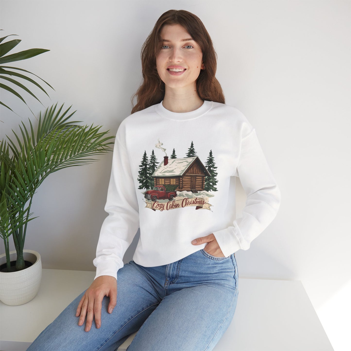 Cozy Cabin Christmas Crewneck Sweatshirt | Rustic Red Truck Holiday Sweater (9 Color Options)