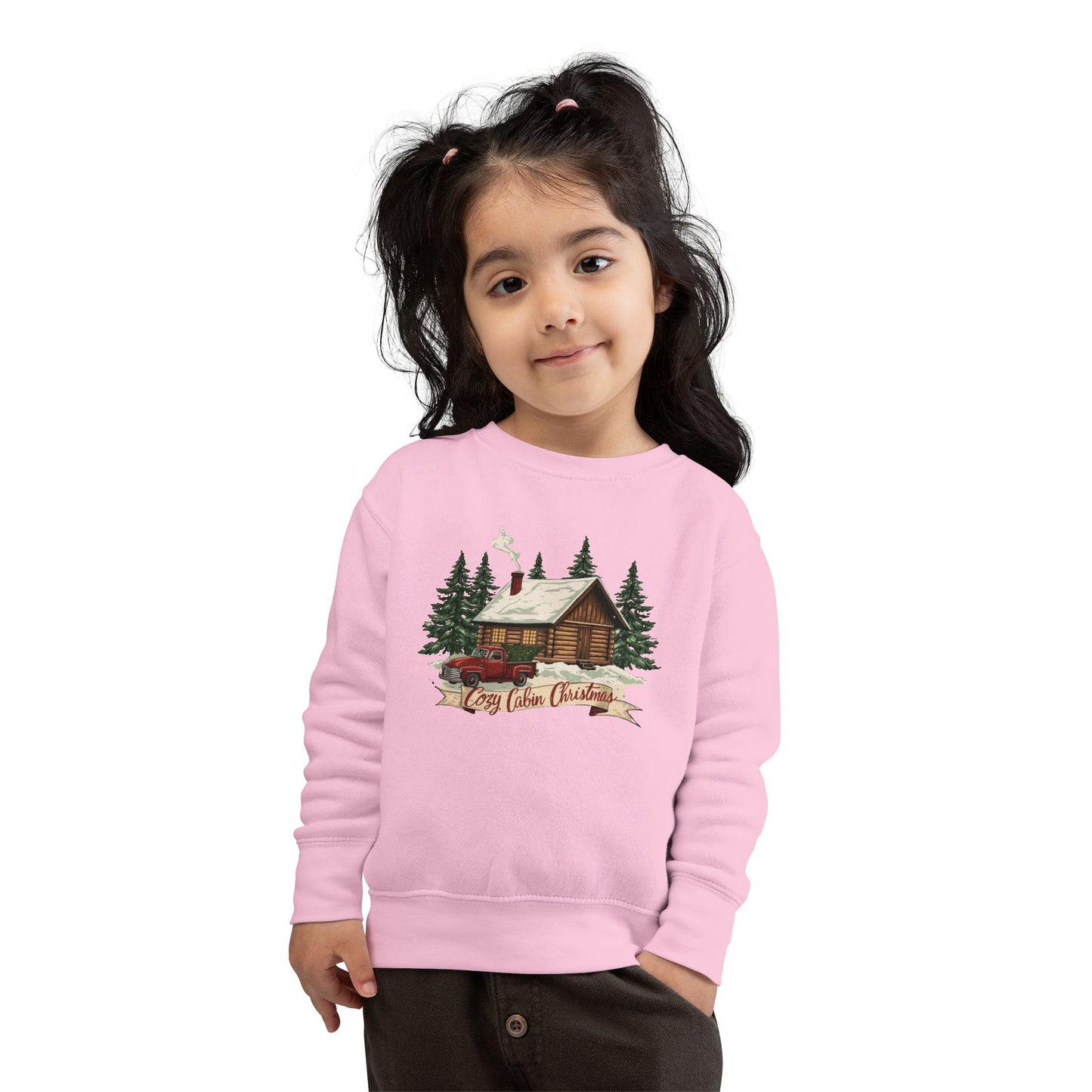 Cozy Cabin Christmas Toddler Crewneck | Kids Holiday Sweatshirt | Vintage Red Truck & Cabin Christmas Sweater (8 Colors)