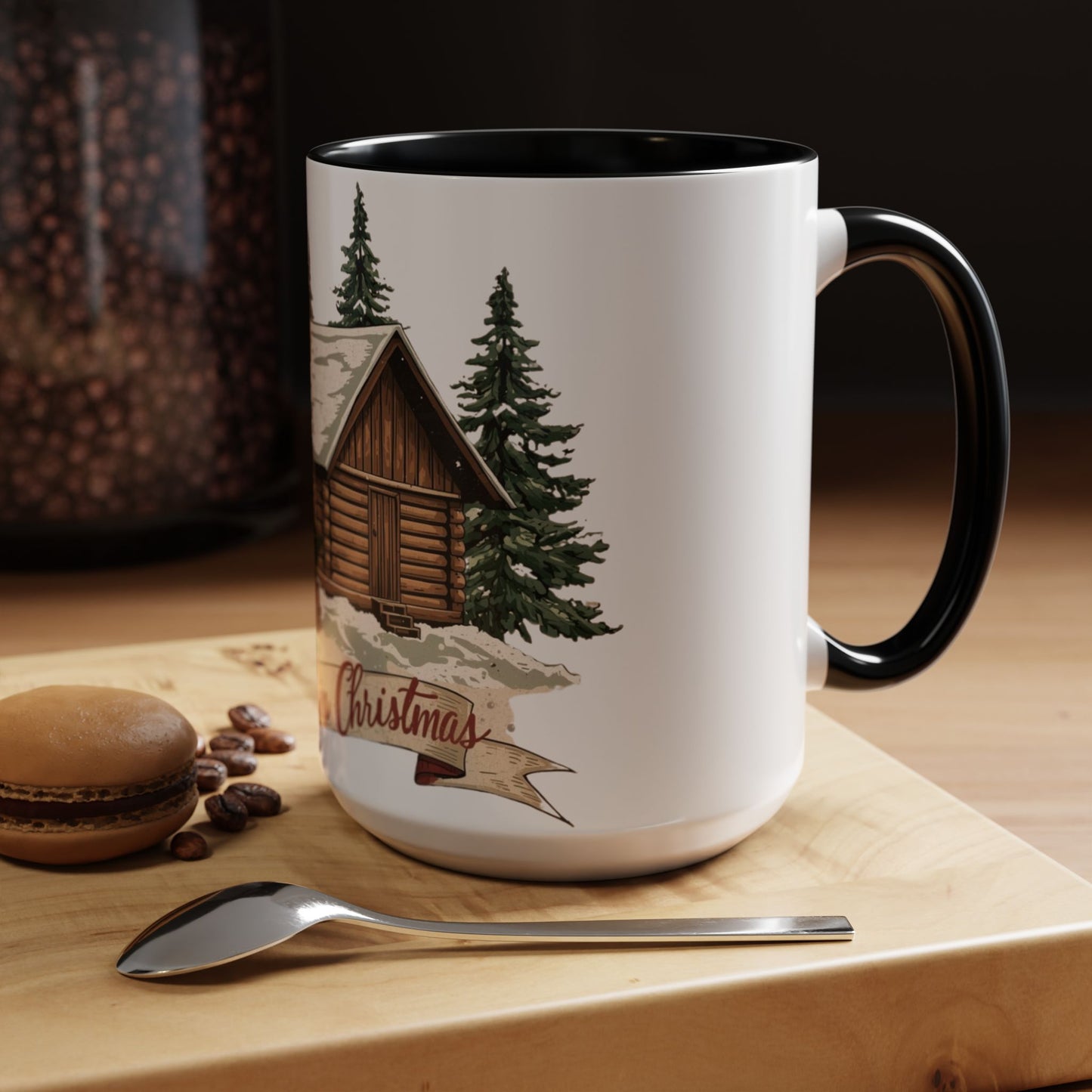 Cozy Cabin Christmas Accent Mug | Rustic Holiday Log Cabin Coffee Cup (11oz & 15oz | 8 Color Options for 11oz, 5 for 15oz)