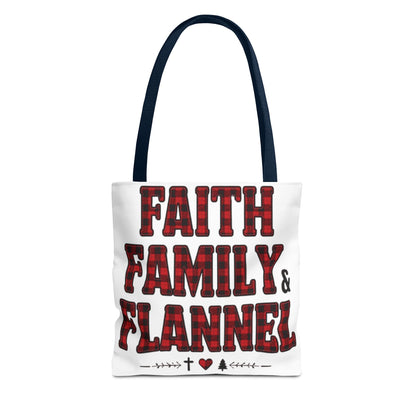 Faith, Family & Flannel Tote Bag | Buffalo Plaid Christian Tote (5 Handle Colors)