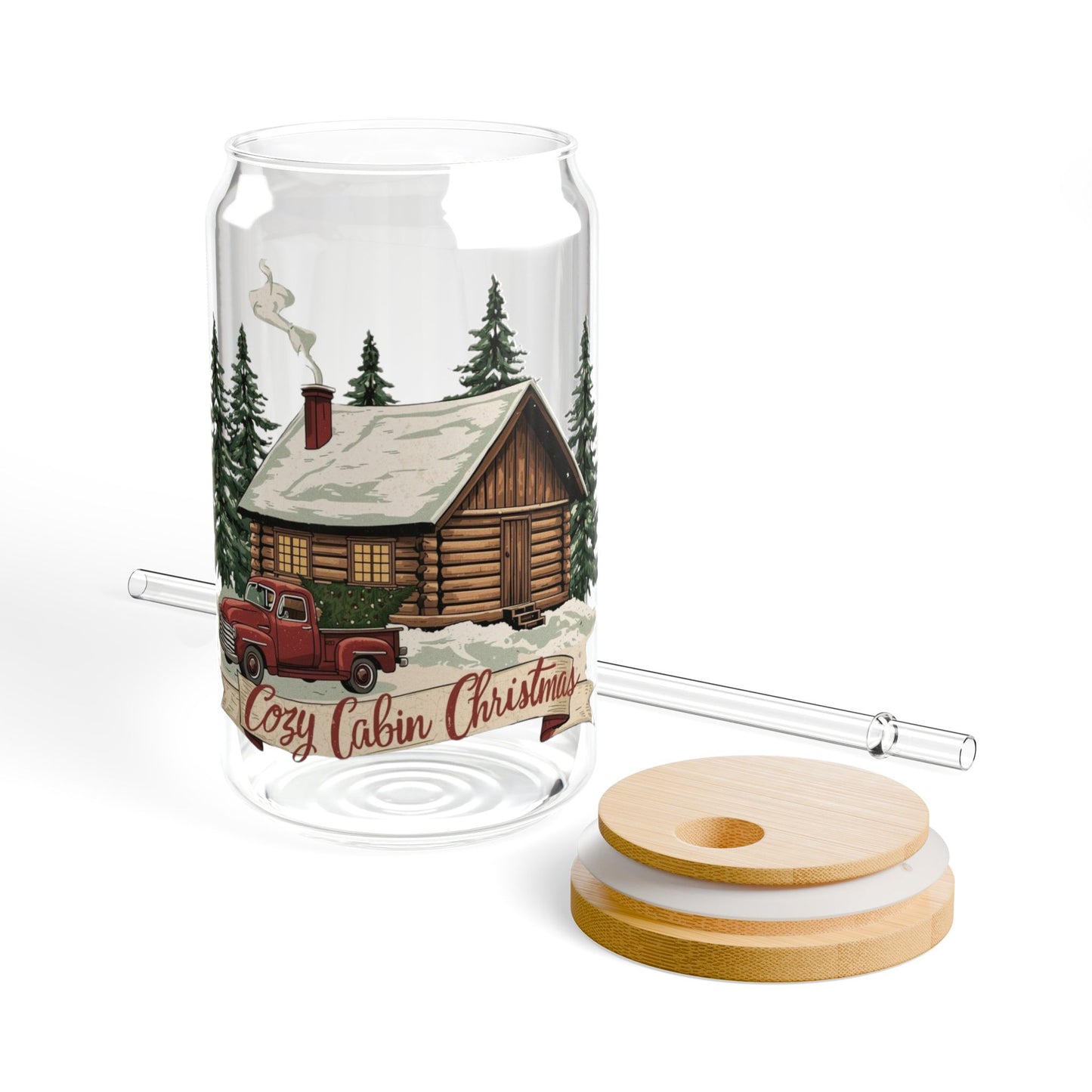 Cozy Cabin Christmas Glass Sipper | Rustic Holiday Iced Coffee Cup with Bamboo Lid & Glass Straw | Vintage Cabin Drinkware