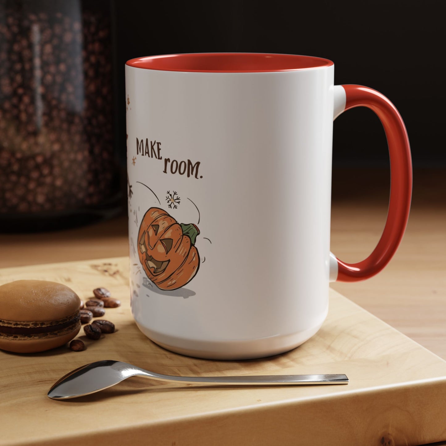 Winter to Fall Humor Mug – “Make Room” Snowman & Pumpkin Mug