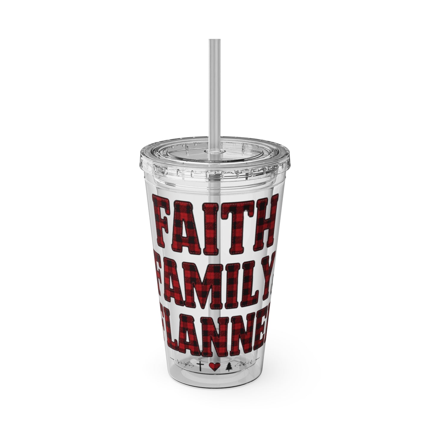 Faith, Family & Flannel Acrylic Tumbler with Straw | Christian Buffalo Plaid Cup (9 Color Options)