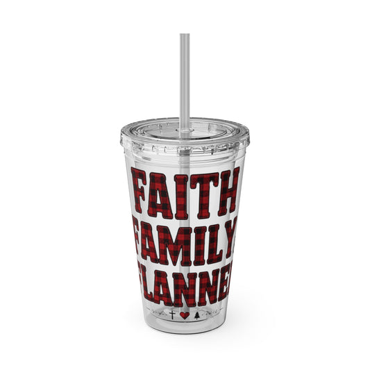 Faith, Family & Flannel Acrylic Tumbler with Straw | Christian Buffalo Plaid Cup (9 Color Options)