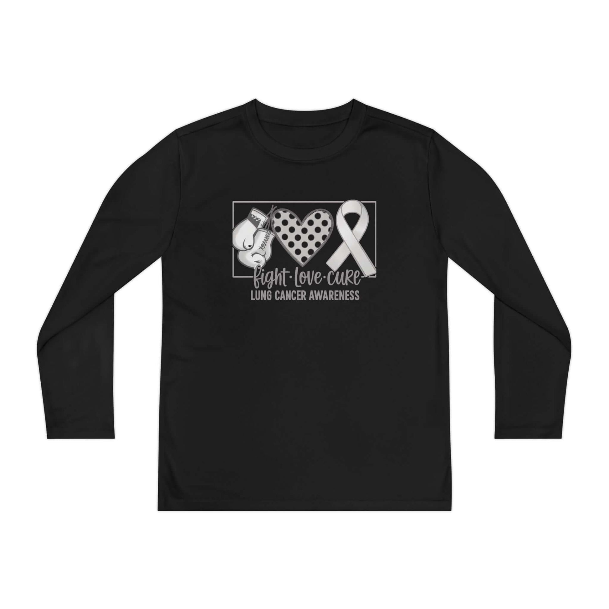 Fight Love Cure Lung Cancer Awareness Youth Long Sleeve Shirt | Kids Awareness Tee design featuring boxing gloves and awareness ribbon.
