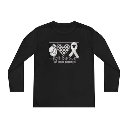 Fight Love Cure Lung Cancer Awareness Youth Long Sleeve Shirt | Kids Awareness Tee design featuring boxing gloves and awareness ribbon.