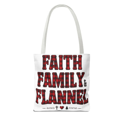 Faith, Family & Flannel Tote Bag | Buffalo Plaid Christian Tote (5 Handle Colors)