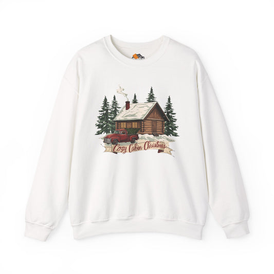 Cozy Cabin Christmas Crewneck Sweatshirt | Rustic Red Truck Holiday Sweater (9 Color Options)