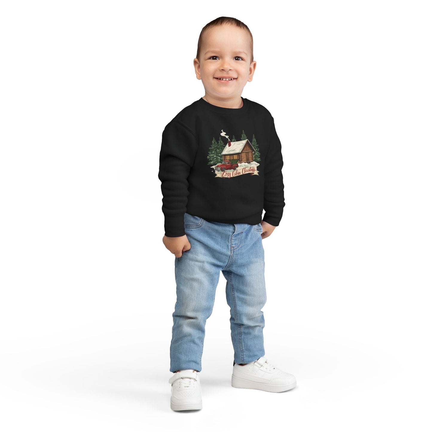 Cozy Cabin Christmas Toddler Crewneck | Kids Holiday Sweatshirt | Vintage Red Truck & Cabin Christmas Sweater (8 Colors)
