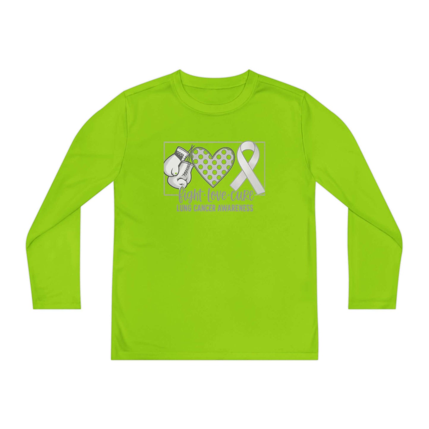 Fight Love Cure Lung Cancer Awareness Youth Long Sleeve Shirt | Kids Awareness Tee in bright green with boxing gloves and ribbon design.