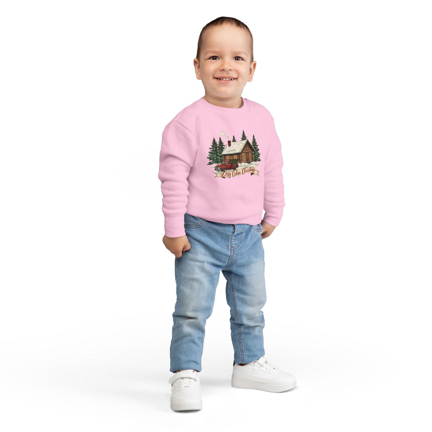 Cozy Cabin Christmas Toddler Crewneck | Kids Holiday Sweatshirt | Vintage Red Truck & Cabin Christmas Sweater (8 Colors)
