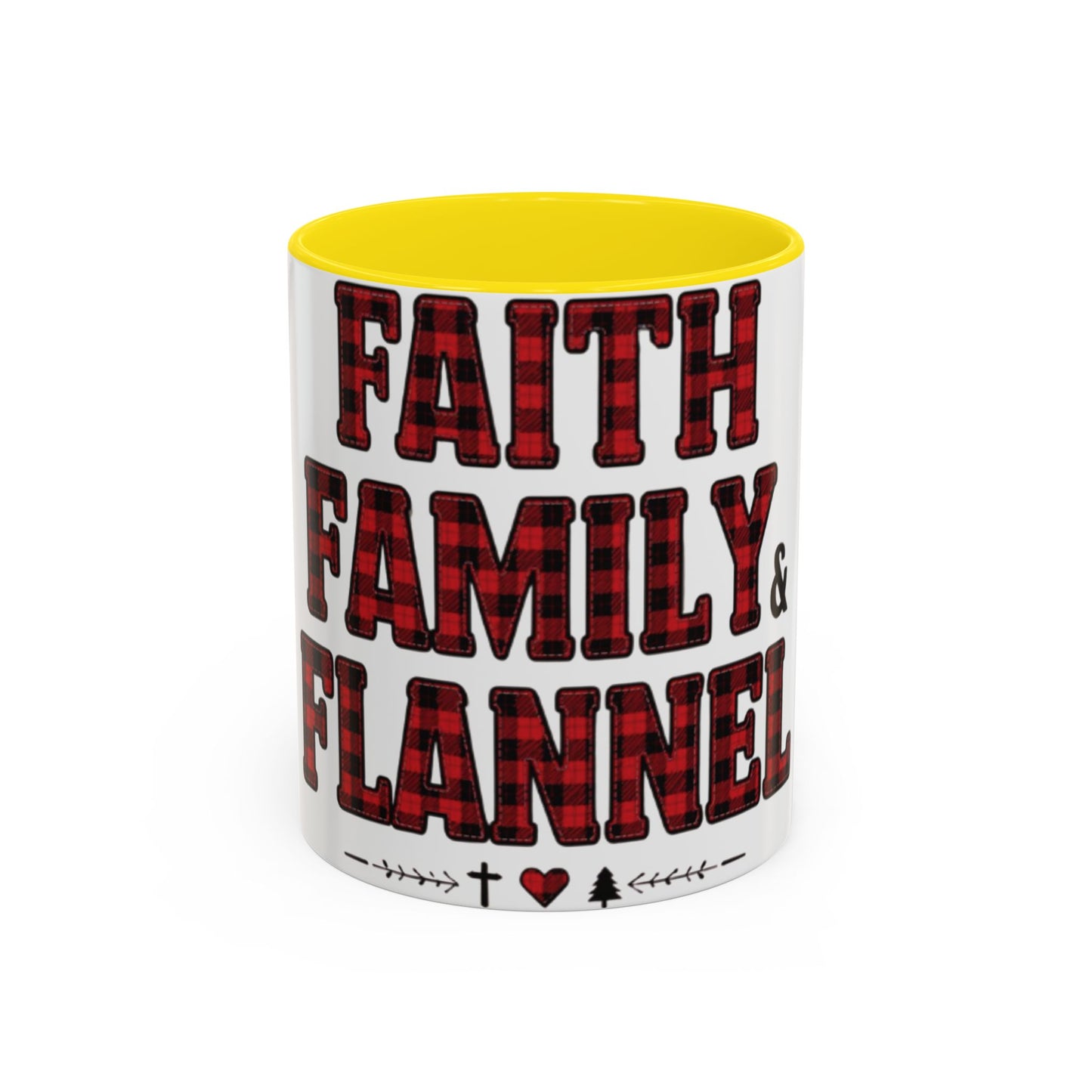 Faith, Family & Flannel Accent Mug | 11oz & 15oz Christian Coffee Cup (Multiple Colors)