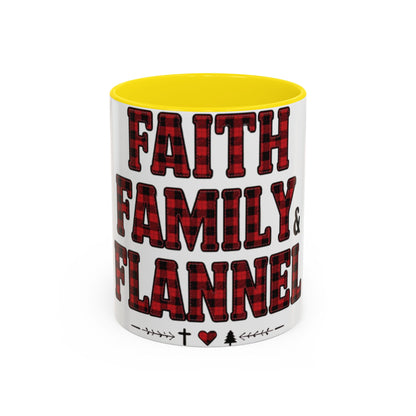Faith, Family & Flannel Accent Mug | 11oz & 15oz Christian Coffee Cup (Multiple Colors)