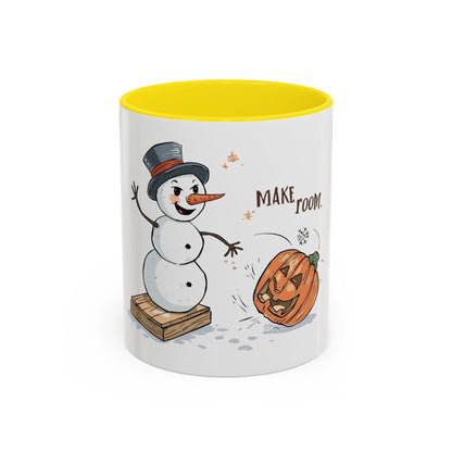 Winter to Fall Humor Mug – “Make Room” Snowman & Pumpkin Mug
