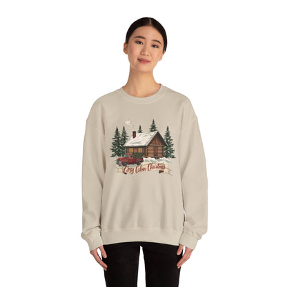 Cozy Cabin Christmas Crewneck Sweatshirt | Rustic Red Truck Holiday Sweater (9 Color Options)