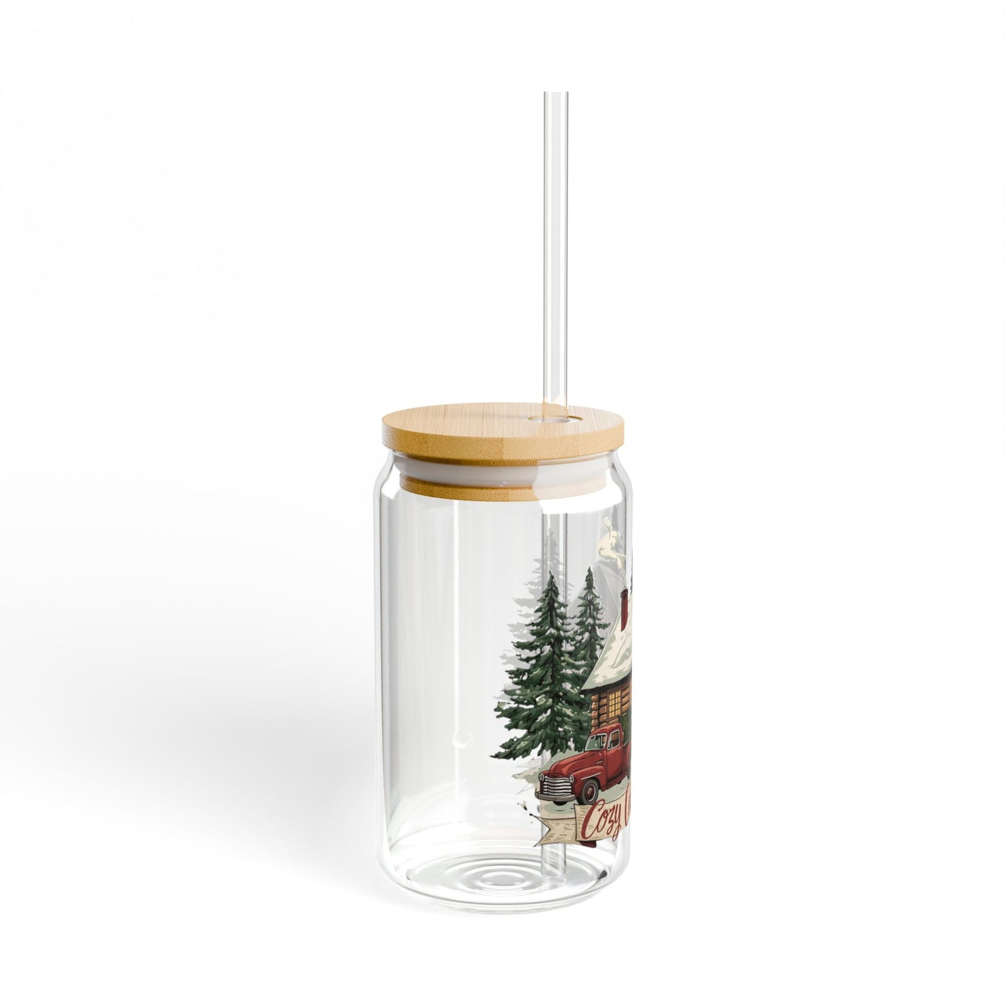 Cozy Cabin Christmas Glass Sipper | Rustic Holiday Iced Coffee Cup with Bamboo Lid & Glass Straw | Vintage Cabin Drinkware
