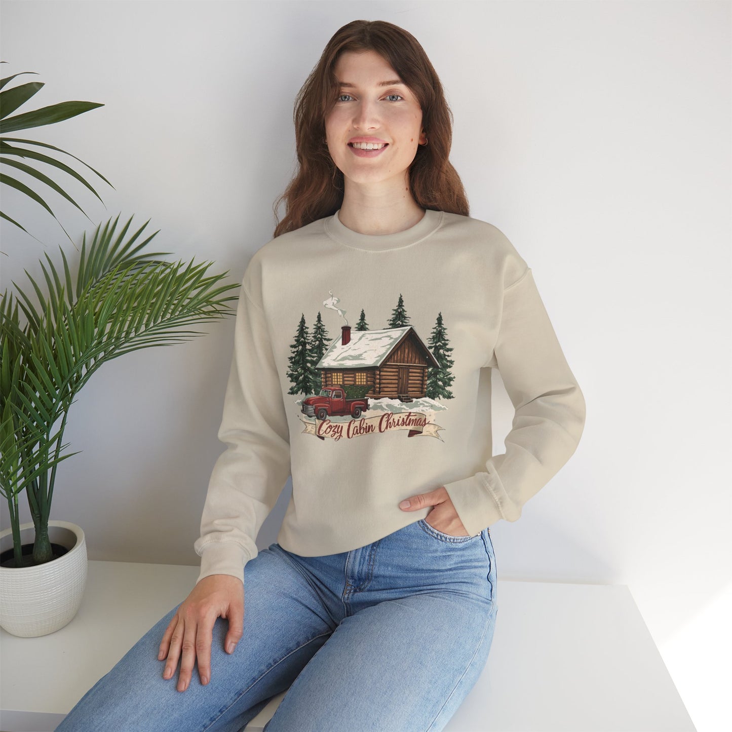 Cozy Cabin Christmas Crewneck Sweatshirt | Rustic Red Truck Holiday Sweater (9 Color Options)
