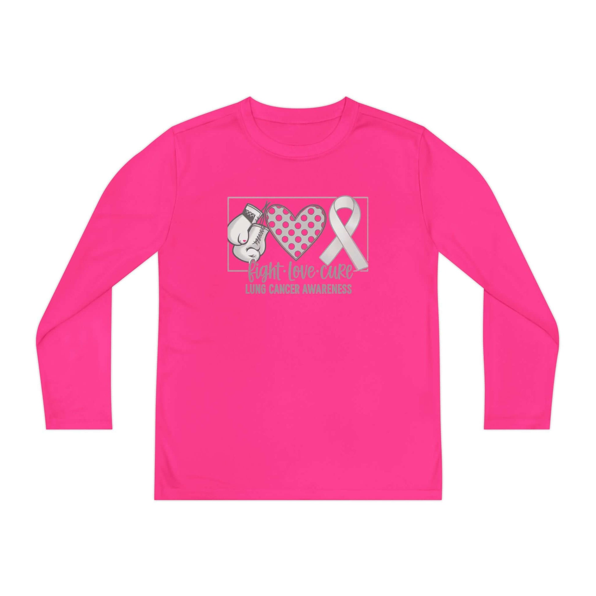 Fight Love Cure Lung Cancer Awareness Youth Long Sleeve Shirt | Kids Awareness Tee in vibrant pink with symbols and designs.
