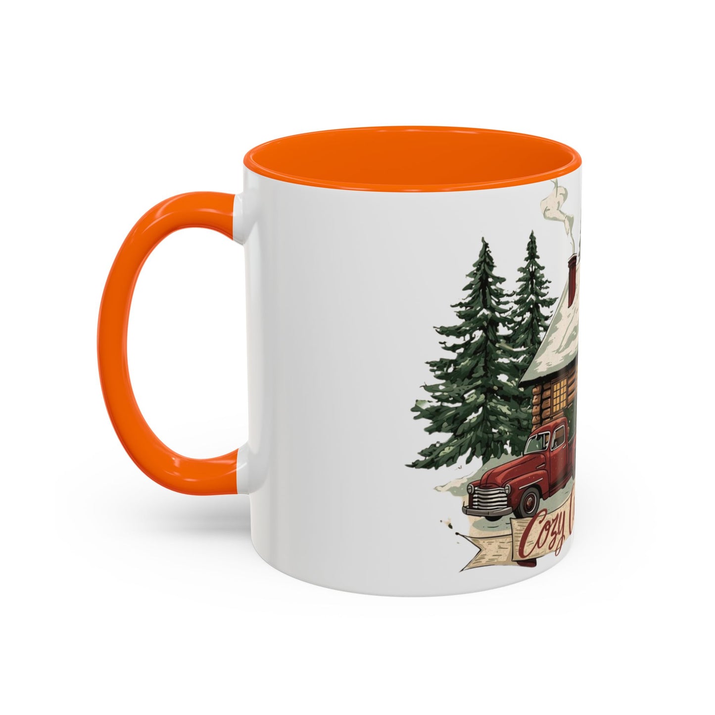 Cozy Cabin Christmas Accent Mug | Rustic Holiday Log Cabin Coffee Cup (11oz & 15oz | 8 Color Options for 11oz, 5 for 15oz)