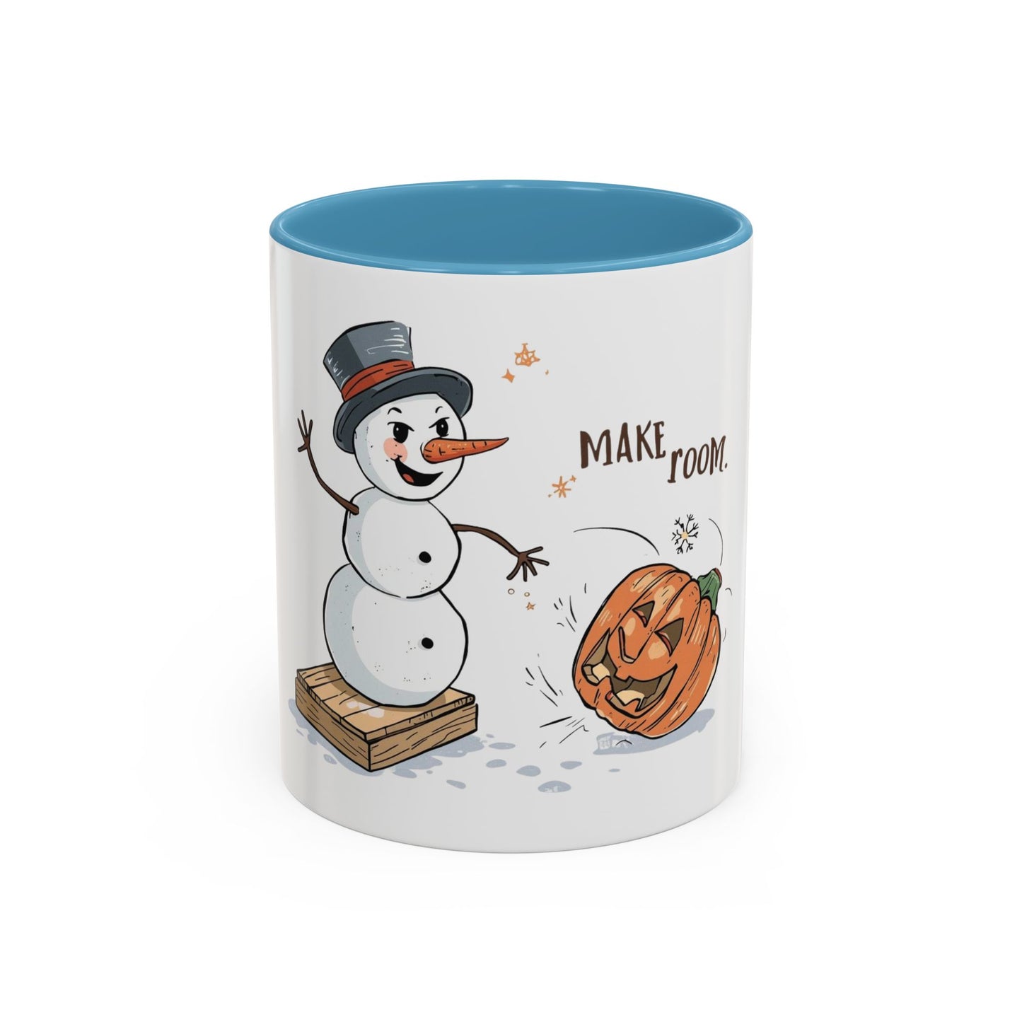 Winter to Fall Humor Mug – “Make Room” Snowman & Pumpkin Mug