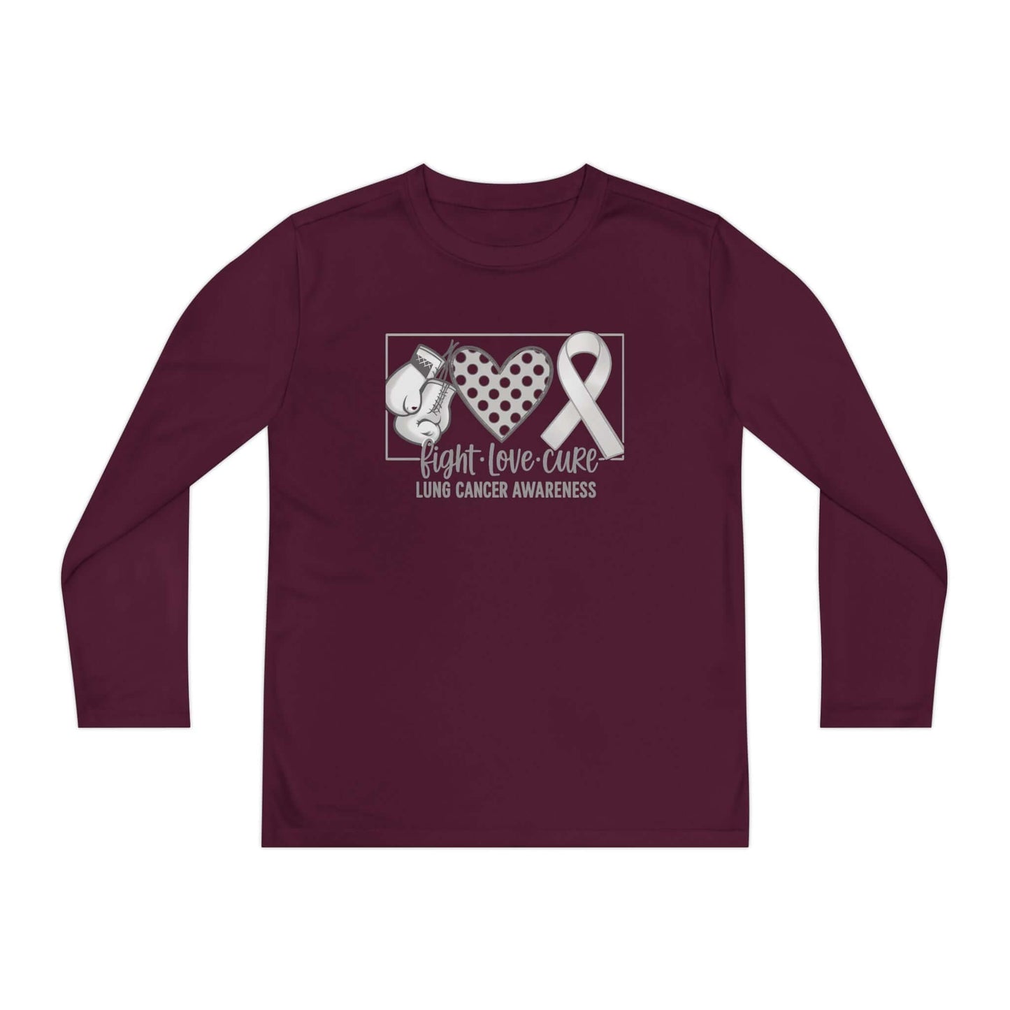 Fight Love Cure Lung Cancer Awareness Youth Long Sleeve Shirt | Kids Awareness Tee on maroon fabric with bold design.