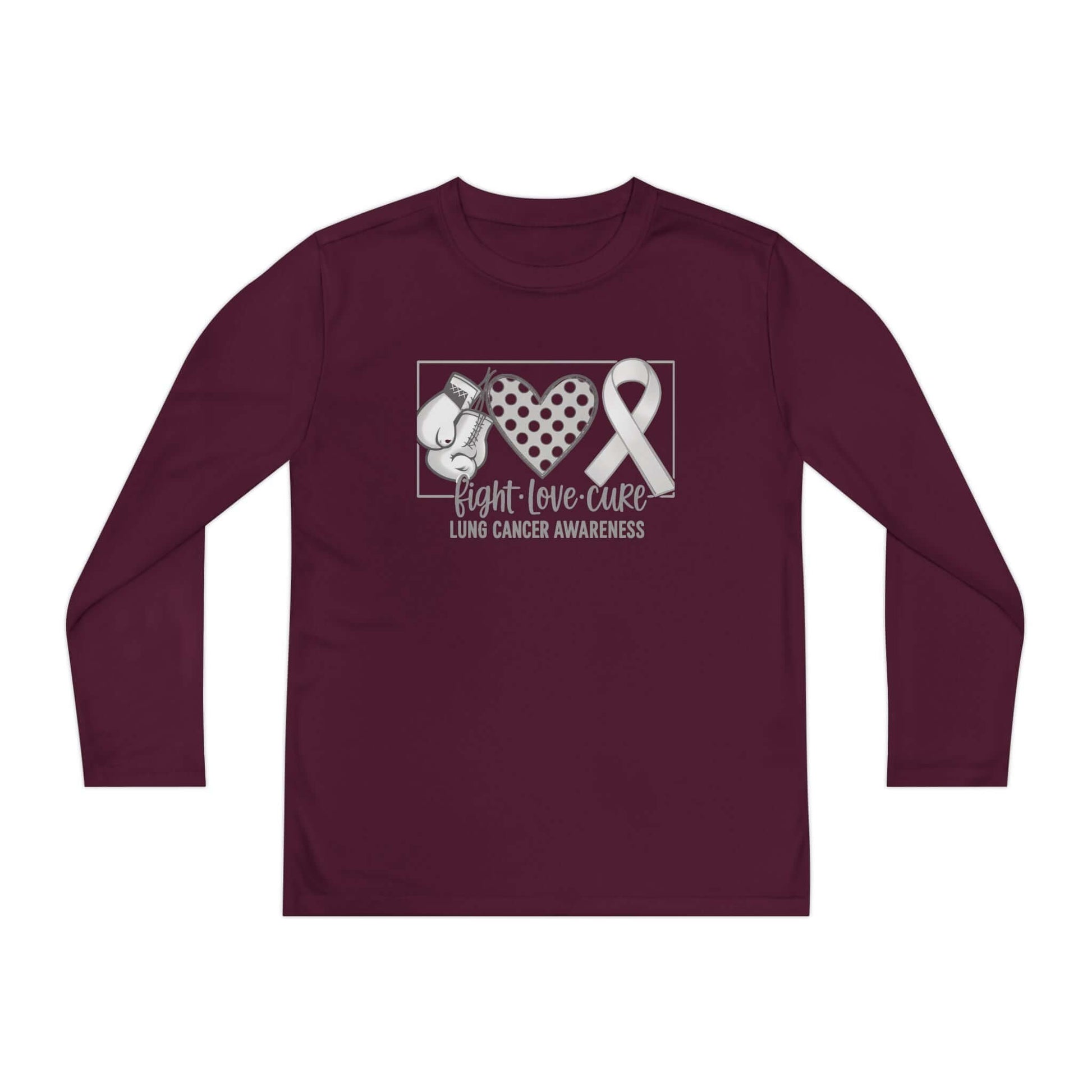 Fight Love Cure Lung Cancer Awareness Youth Long Sleeve Shirt | Kids Awareness Tee on maroon fabric with bold design.