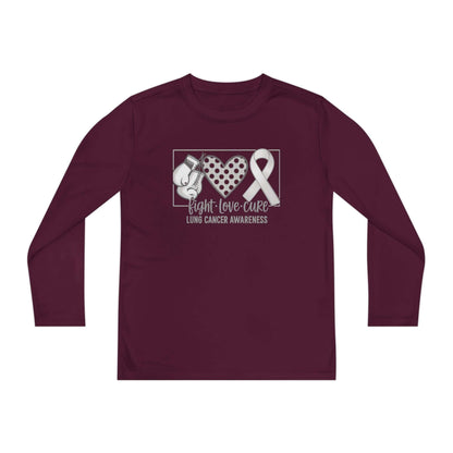 Fight Love Cure Lung Cancer Awareness Youth Long Sleeve Shirt | Kids Awareness Tee on maroon fabric with bold design.