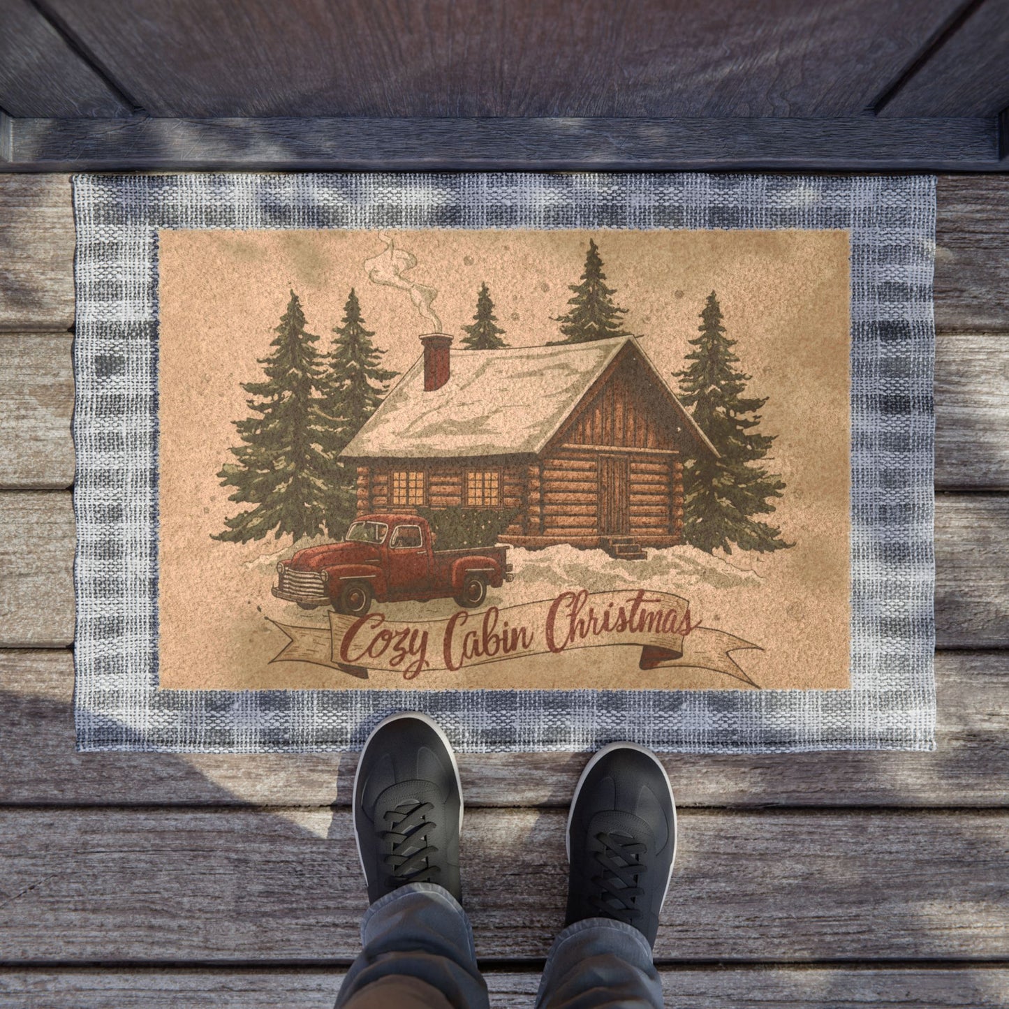 Cozy Cabin Christmas Doormat – Rustic Holiday Door Mat for Winter Décor