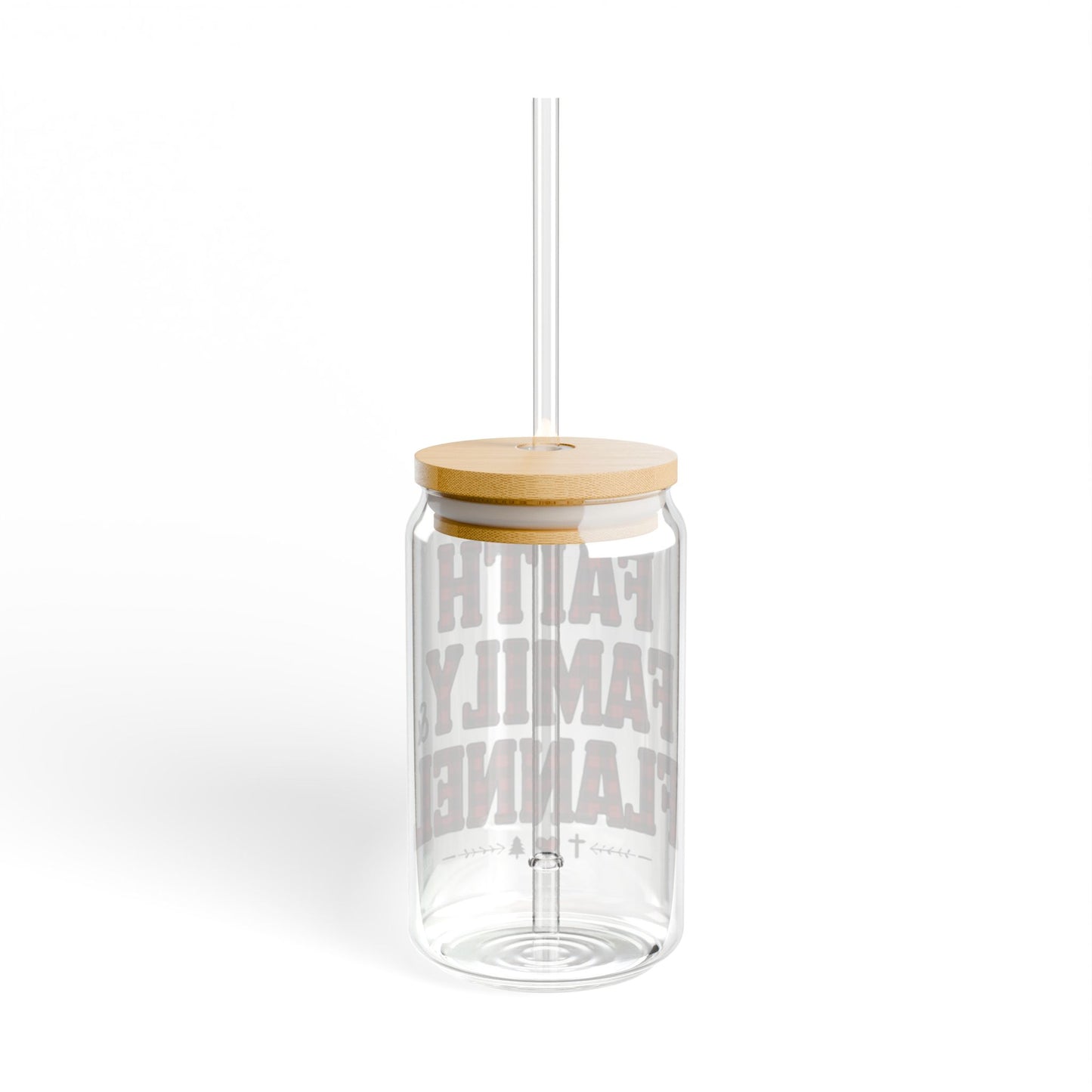 Faith, Family & Flannel Glass Sipper Cup | Christian Bamboo Lid Iced Coffee Glass with Straw