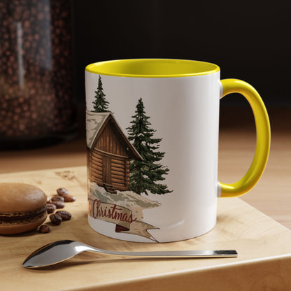 Cozy Cabin Christmas Accent Mug | Rustic Holiday Log Cabin Coffee Cup (11oz & 15oz | 8 Color Options for 11oz, 5 for 15oz)