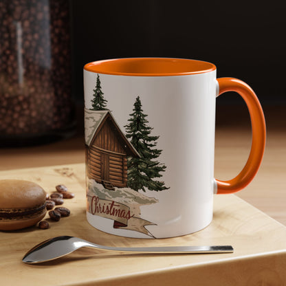 Cozy Cabin Christmas Accent Mug | Rustic Holiday Log Cabin Coffee Cup (11oz & 15oz | 8 Color Options for 11oz, 5 for 15oz)