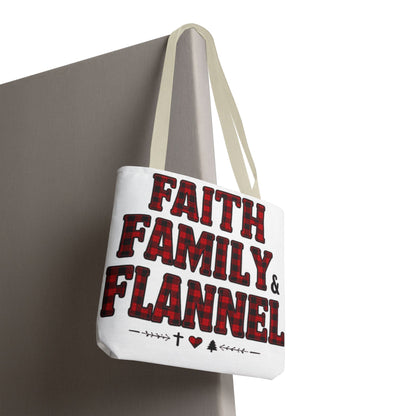 Faith, Family & Flannel Tote Bag | Buffalo Plaid Christian Tote (5 Handle Colors)
