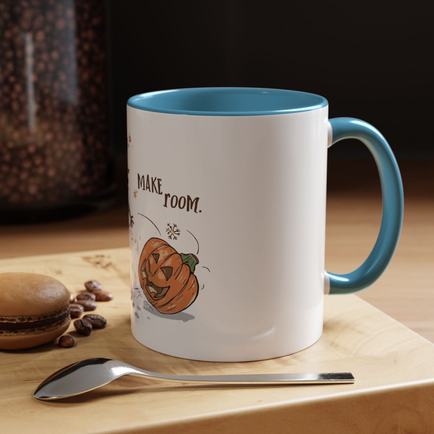 Winter to Fall Humor Mug – “Make Room” Snowman & Pumpkin Mug
