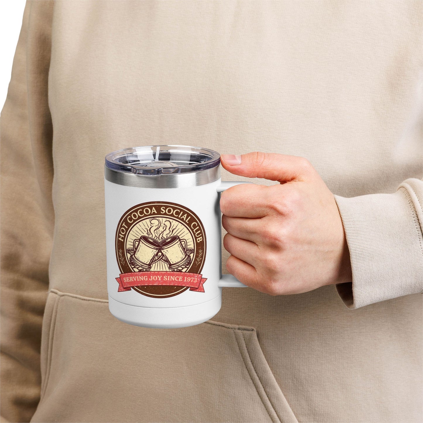 Hot Cocoa Social Club Insulated Coffee Tumbler | Cozy Vintage Mug | Double-Wall Stainless Steel Holiday Drinkware