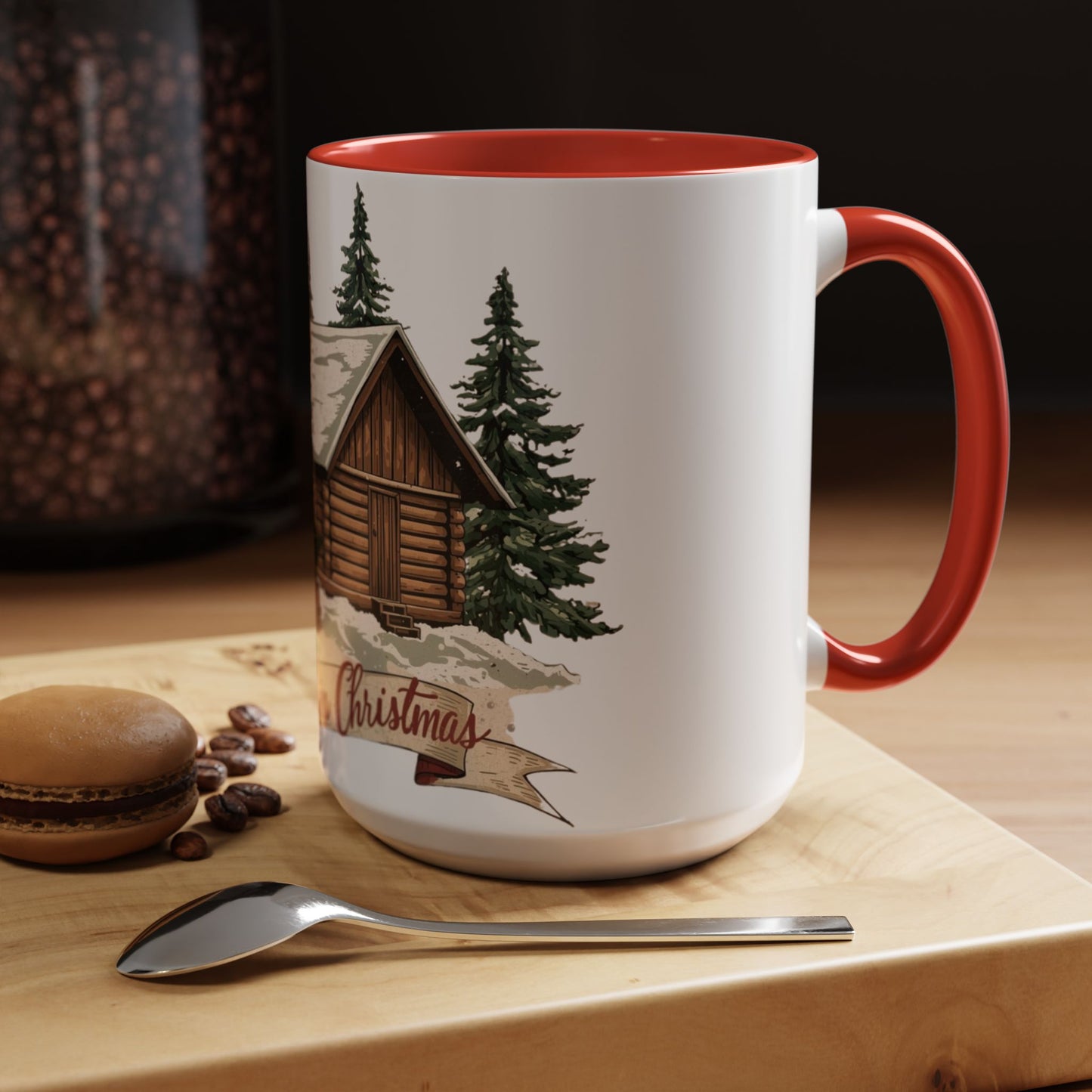 Cozy Cabin Christmas Accent Mug | Rustic Holiday Log Cabin Coffee Cup (11oz & 15oz | 8 Color Options for 11oz, 5 for 15oz)
