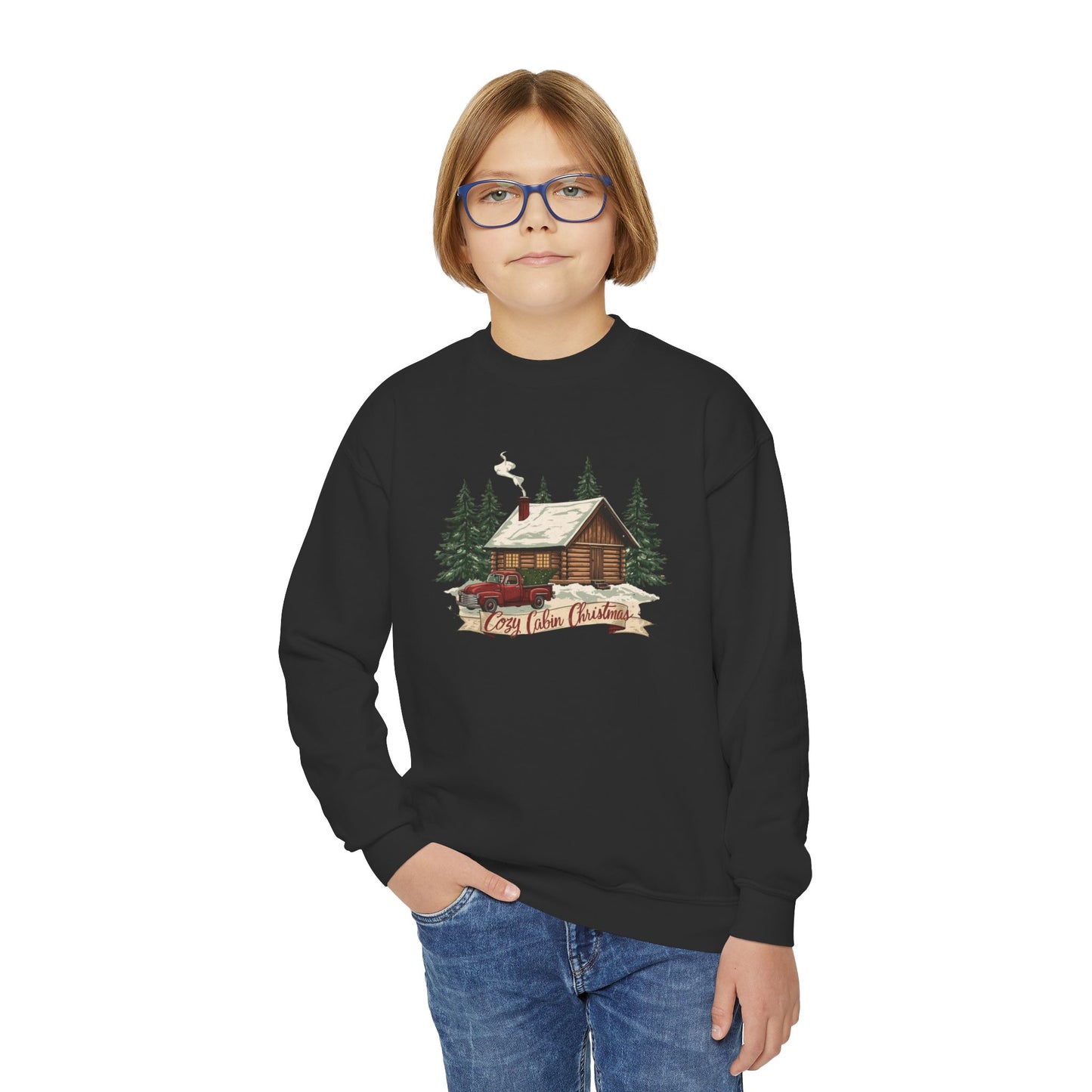 Cozy Cabin Christmas Youth Crewneck | Kids Holiday Sweatshirt | Vintage Cabin & Red Truck Christmas Sweater (10 Colors)